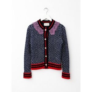 Gucci Metallic Knit Cardigan with Pink Lace Pearl butt & Skirt Set Navy Silver M